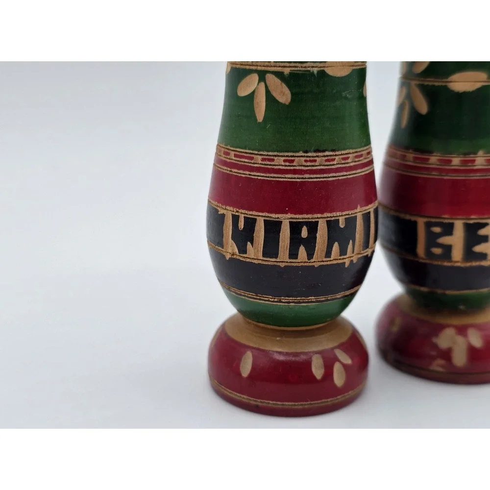 Unique vintage multi color stained wood carved Miami Beach salt & pepper shakers